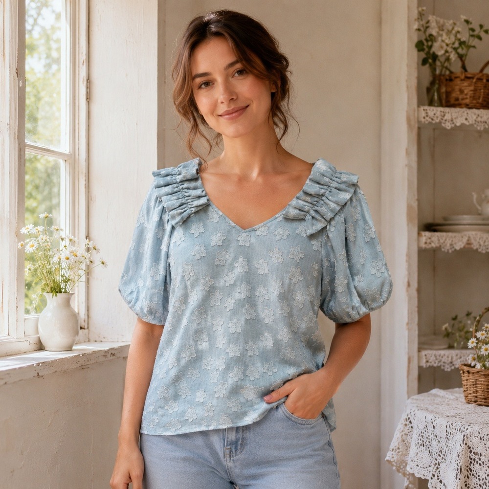 Entro Blouse Women M Blue Floral Ruffle Puff Sleeve Cottage Feminine Textured